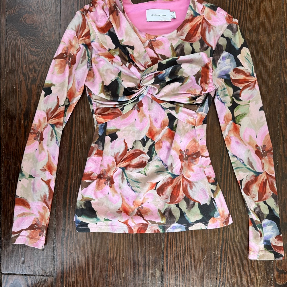 Significant Other Floral Long Sleeve Top with Woven Detail Over Breast SM